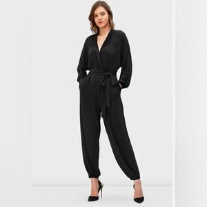 Eloquii Jumpsuit Women’s 22/24 Black Faux Wrap Shawl Neck Belted Long Sleeve